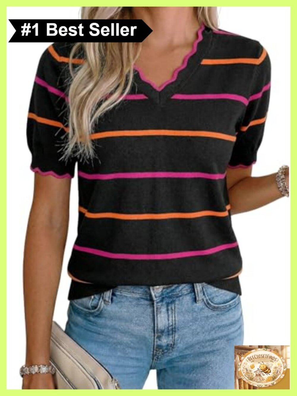 Short Sleeve Striped Knit Pullover Sweater V-Neck Ruffle Casual Top